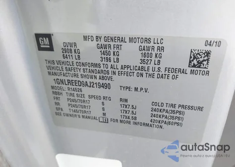 2010 Chevrolet Traverse Ls z USA, uszkodzony, nr VIN 1GNLREED9AJ219490